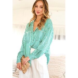 Haus of Bebe Rae Green striped boutique Striped Satin Blouse